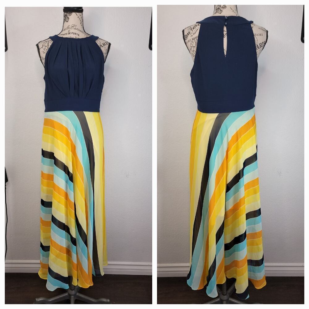 Studio One New York Maxi Dress 6 Navy Yellow Colorblock Halter Pleated Whimsycal